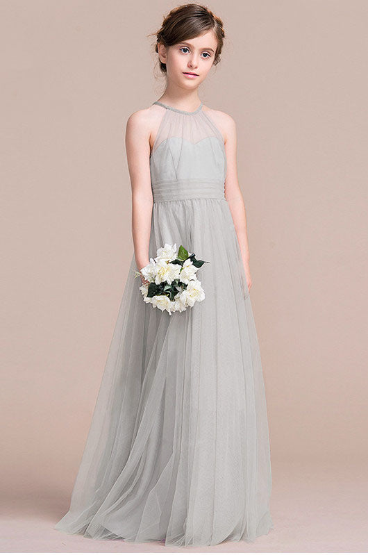 A-line Halter Gray Tulle Floor-length Junior Prom Dress(AHC052)