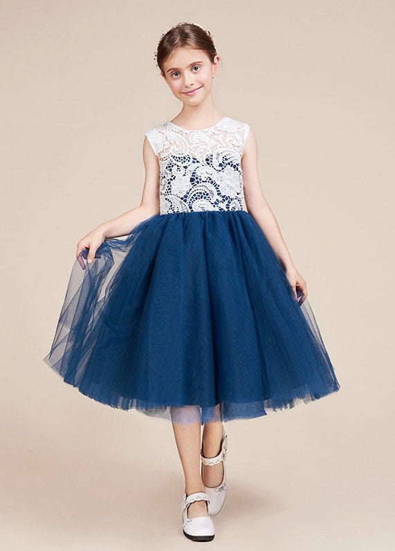 Short Sleeve Dark Navy Lace Tulle Knee-length Children's Prom Dress(AH Short Sleeve Dark Navy Lace Tulle Knee-length Children's Prom Dress(AH