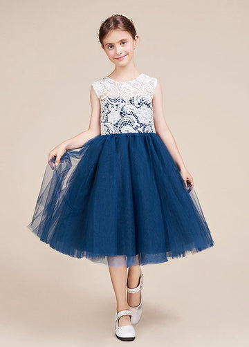 Short Sleeve Dark Navy Lace Tulle Knee-length Children's Prom Dress(AHC056)