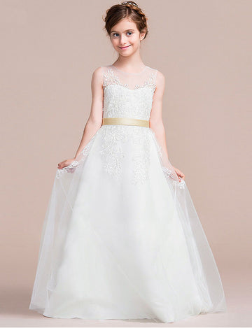 A-line White Lace Tulle Floor-length Children's Prom Dress(AHC061)