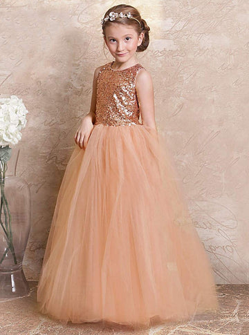 Princess Nude Pink Sequined Tulle Floor-length Children's Prom Dress(AHC064)