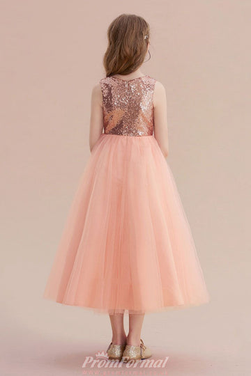 Princess Nude Pink Sequined Tulle Floor-length Children's Prom Dress(AHC064)