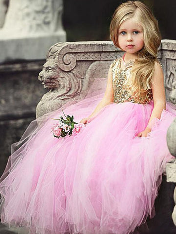 Pink Sequin Tulle Girl Prom Dress ACH111
