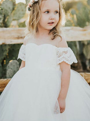 Off The Shoulder White Lace Toddler Flower Girl Dress  ACH130