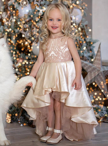 High Low Champagne Satin Toddler Party Dress ACH134