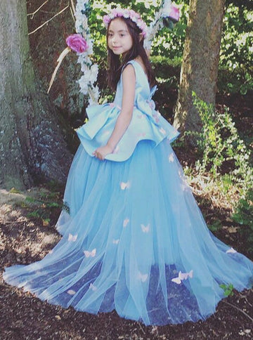 Appliques Butterfly Blue Kids Prom Dress ACH141