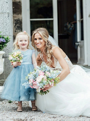 Tea-Length Blue Tulle Flower Girl Dress ACH150