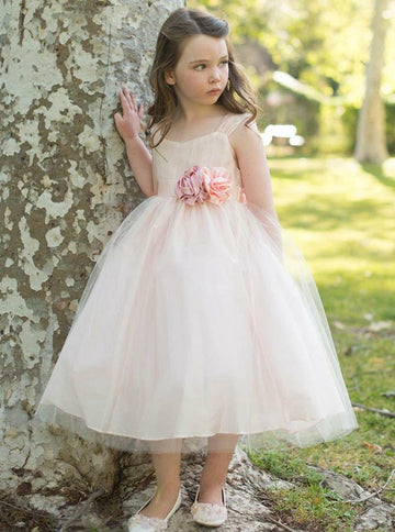 Tea Length Pearl Pink Tulle Flower Girl Dress ACH155