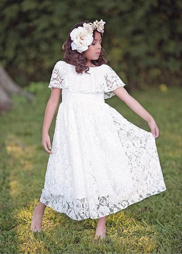 White Lace Boho Short Sleeve long A-line Flower Girl Dress ACH172