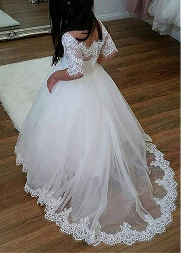 Ball Gown Off-the-shoulder Long Sleeve White Flower Girl Dress ACH176