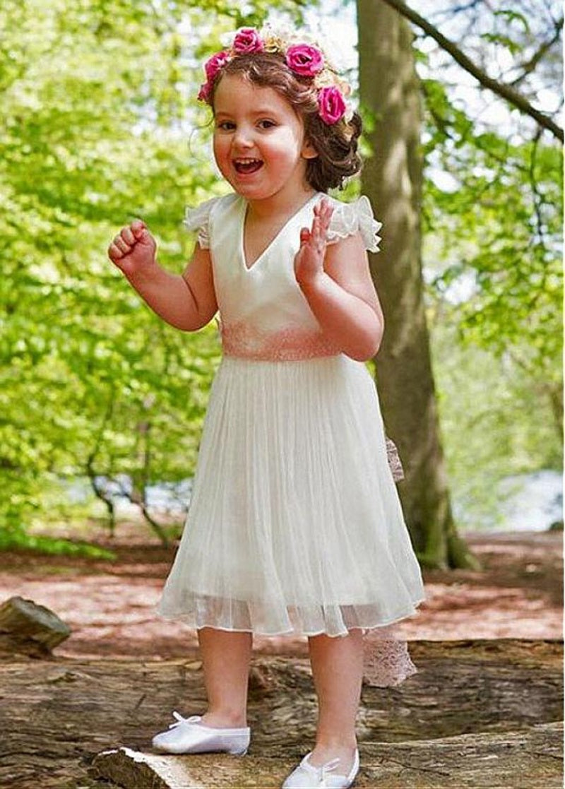 V-neck White Tea-length Toddler Flower Girl Dress ACH180