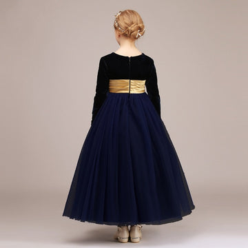 Black Satin Flannel Kids Girl Long Sleeve Flower Girl Dress BDBCH024