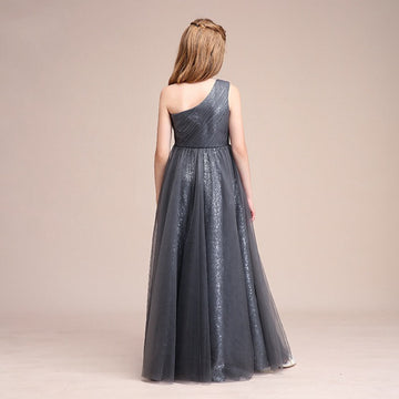 Silver One Shoulder Junior Bridesmaid Dress BDBCH062