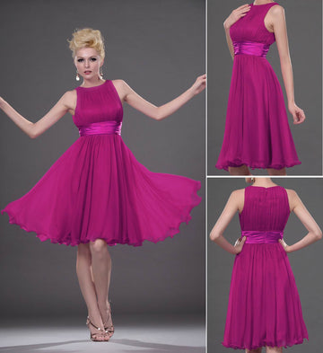 Fuchsia Satin Chiffon A-line Jewel Short/Mini Bridesmaid Dress(UKBD03-402)