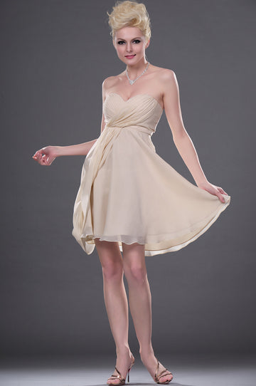 Champagne Chiffon,Lace A-line Sweetheart Short/Mini With Side Draping Bridesmaid Dress(UKBD03-410)