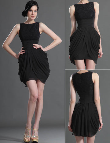 Black Chiffon,Lace Sheath/Column Short/Mini Little Black Bridesmaid Dress(UKBD03-420)