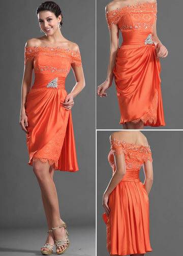 Orange Chiffon,Lace Sheath/Column Off The Shoulder Short/Mini With Beading Bridesmaid Dress(UKBD03-424)