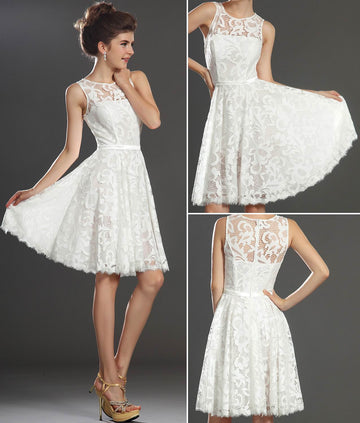 Lace A-line Jewel Short/Mini Little White Dress(UKBD03-426)