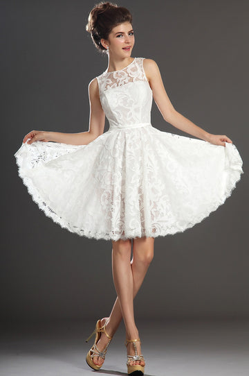 Lace A-line Jewel Short/Mini Little White Dress(UKBD03-426)