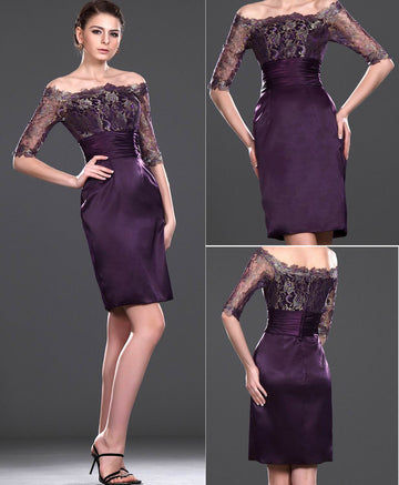 Grape Satin,Lace Sheath/Column Off The Shoulder Short/Mini Half Sleeve Bridesmaid Dress(UKBD03-430)