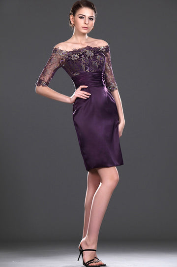 Grape Satin,Lace Sheath/Column Off The Shoulder Short/Mini Half Sleeve Bridesmaid Dress(UKBD03-430)