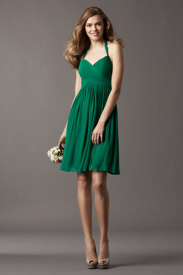 Dark Green Chiffon A-line Halter Short Bridesmaid Dress For Beach(BD763)