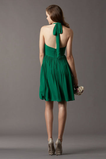 Dark Green Chiffon A-line Halter Short Bridesmaid Dress For Beach(BD763)