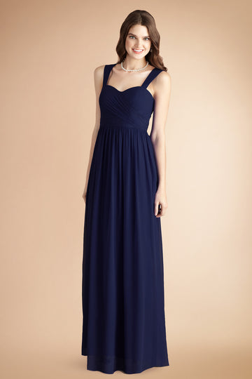 Navy Blue Chiffon A-line Straps Floor-length Bridesmaid Dress(BD775)