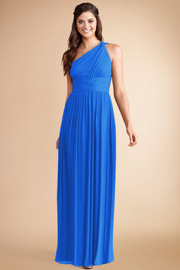 Ocean Blue Chiffon A-line One Shoulder Floor-length Bridesmaid Dress(BD786)