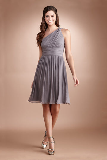 Silver Gray Chiffon A-line One Shoulder Short Bridesmaid Dress(BD787)