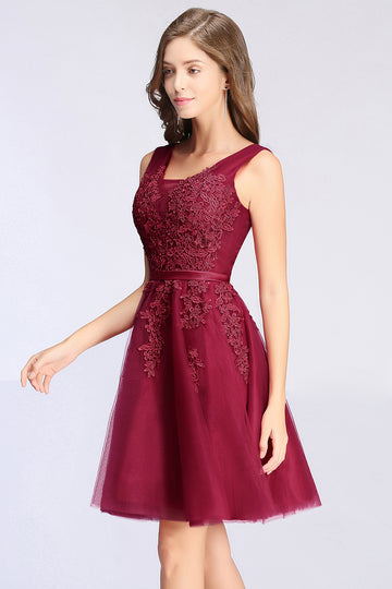 BDCPS341 Short Burgundy Lace Tulle Bridesmaid Dress