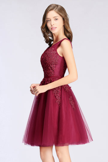 BDCPS341 Short Burgundy Lace Tulle Bridesmaid Dress