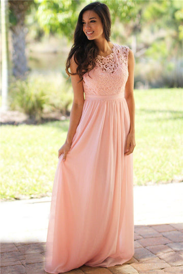 BDCPS489 Pink Floor Length Lace Bridesmaid Dress