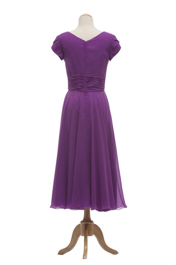 A Line Chiffon V-Neck Tea Length Bridesmaid Dress(BSD034)