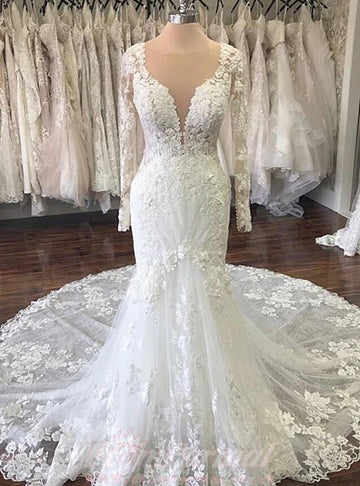 Lace Long sleeves Mermaid White Court Train Long Wedding Dress BWD006