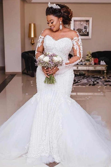 Luxury Long Sleeve Lace Plus Size Beading Mermaid Wedding Dress BWD011