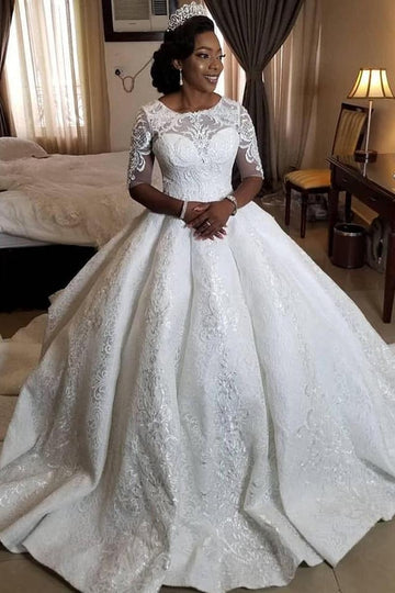 Ball Gown Lace Half Sleeve Sweep Train Wedding Dress Black Brides BWD012