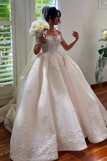 Satin Luxry Ball Gown Off The Shoulder Wedding Dress BWD014