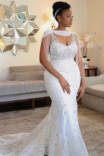 Lace Mermaid Tassles Long Sleeve Luxury Pearls Black Women Plus Size Wedding Dress BWD031