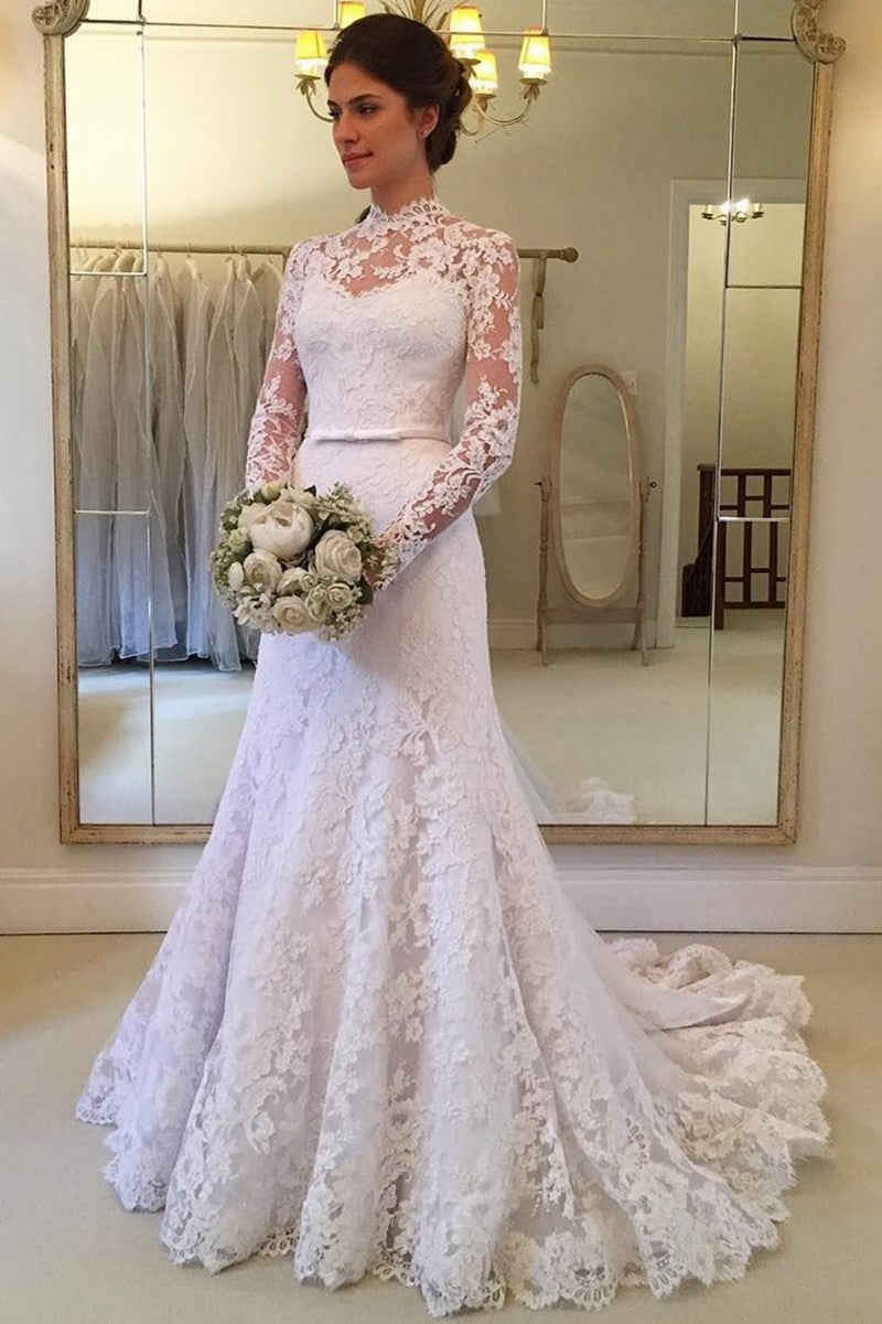 Charming Long Sleeves Lace Mermaid High Neck Dubai Wedding Gowns Petit