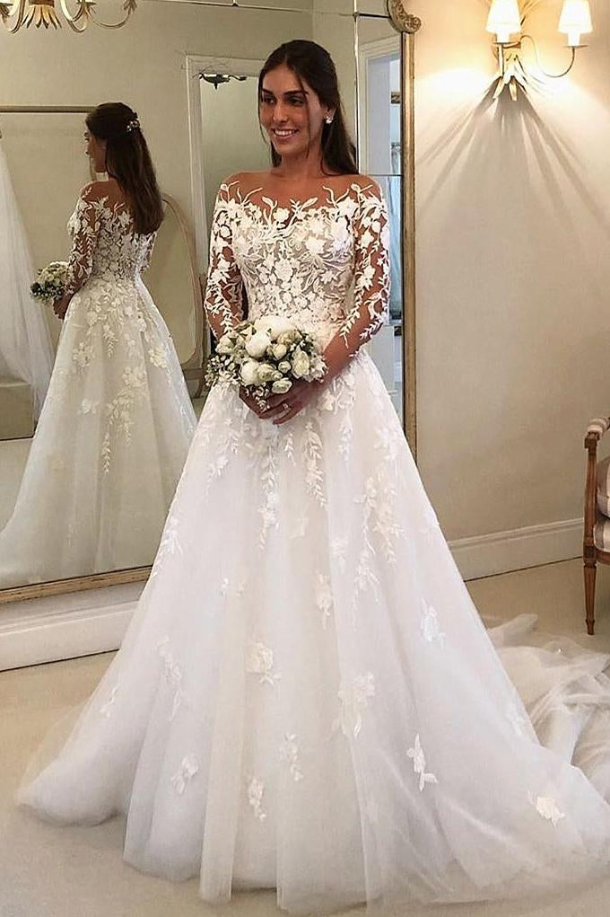 Flowy Long Sleeves A-line Bridal Gown with Floral Embroidery Lace BWD0