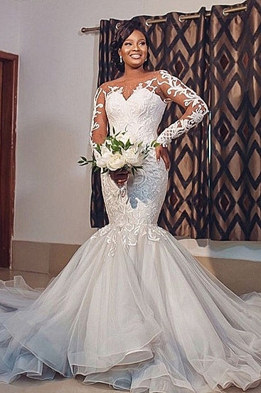 Long Sleeve Lace Plus Size Mermaid Wedding Gown BWD045 Long Sleeve Lace Plus Size Mermaid Wedding Gown BWD045