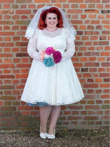 1950s Style Plus Size Lace Rockabilly Long Sleeve Wedding Dress Older Bride BWD061