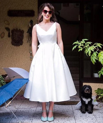 Simple V Neck 50s Beach Simple Tea Length Rockabilly Wedding Dress Older Brides BWD072