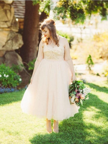Plus Size A Line Nude Tea Length Country Rustic 50s Rockabilly Wedding Dress Garden BWD074