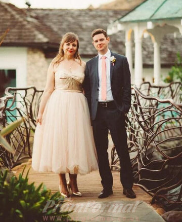 Plus Size A Line Nude Tea Length Country Rustic 50s Rockabilly Wedding Dress Garden BWD074
