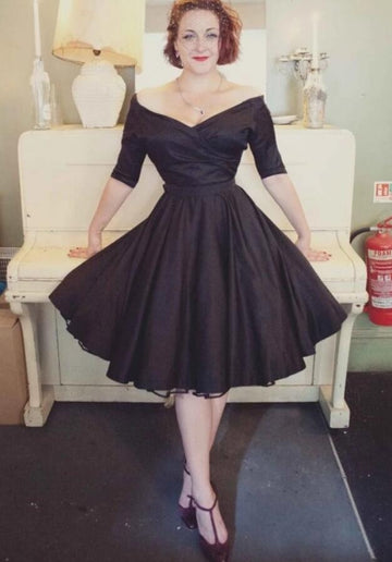 Black Vintage Black Half Sleeve 50s Tea Length Short Rockabilly Wedding Dress BWD085
