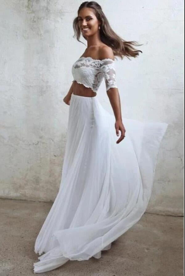 Simple White Boho Beach Two Piece Wedding Dress With Short Sleeves BWD Simple White Boho Beach Two Piece Wedding Dress With Short Sleeves BWD