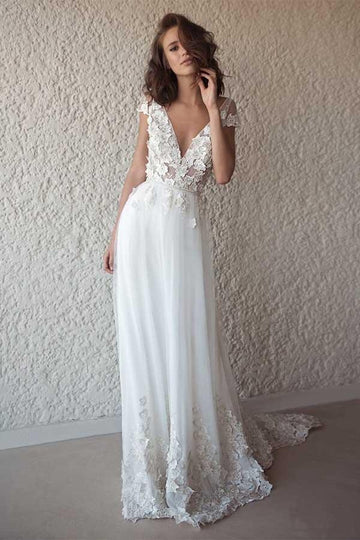 White V Neck Boho Flowy 3D Lace Appliques Summer Beach Wedding Dress BWD092