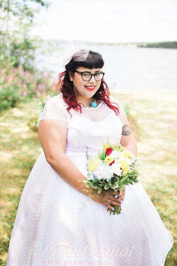 Plus Size Cap Sleeved Country 50s Polka Dots Tea Length Rockabilly Wedding Dress BWD100